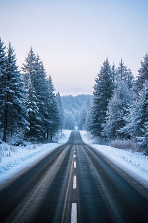 Winter snow-covered forest roadの素材