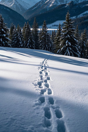 Snowy forest footprints and natural sceneryの素材