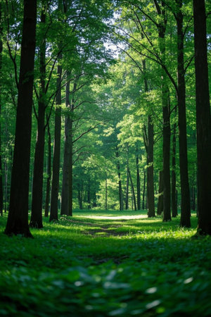 Dense forest landscape under the sunの素材