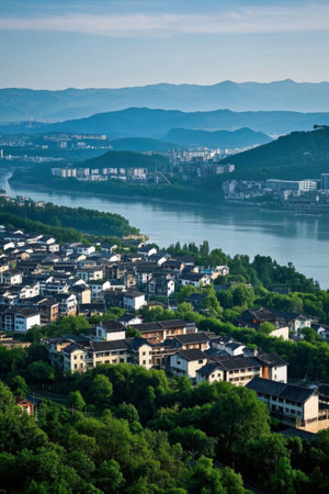Jiangbian Town and the Natural Scenery of Distant Mountainsの素材