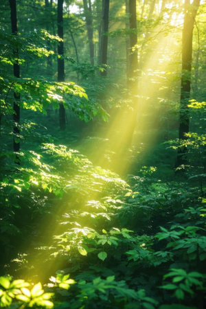 Sunlight penetrates the forest sceneの素材