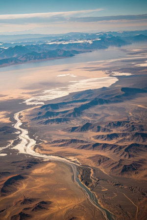 High-altitude view of mountains, rivers and landscapesの素材