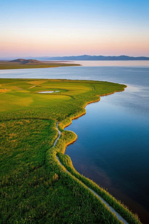 Aerial view of the natural scenery of the lakeside green spaceの素材