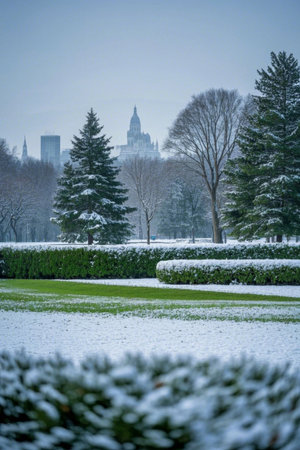 Snowy scenery in the park and city architectureの素材