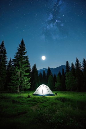 Camping tent under moonlit night in the forestの素材
