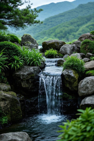 Rock and green landscape beside mountain streamsの素材