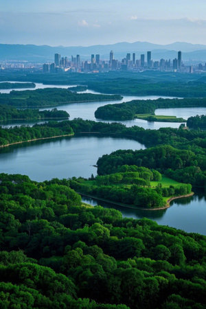Panoramic view of a forest lake on the edge of the cityの素材