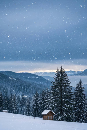 Snowy mountain forest and wooden house landscapeの素材
