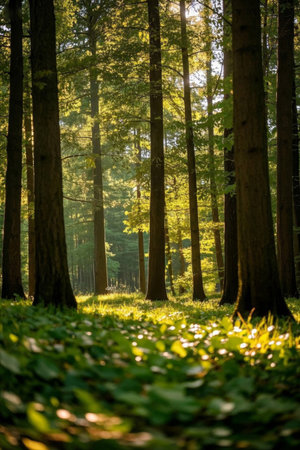 A scene of dense forest under the sunの素材