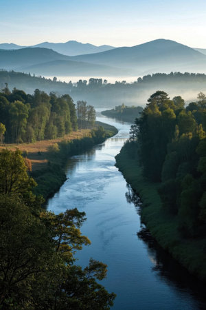Natural scenery of winding rivers in the mountains and forestsの素材