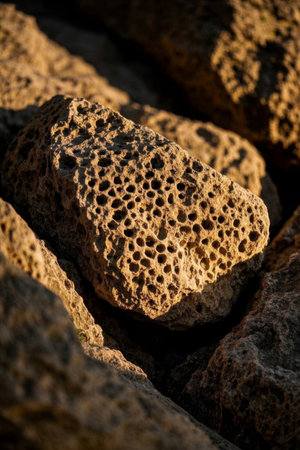 Close-up of rocks with holesの素材