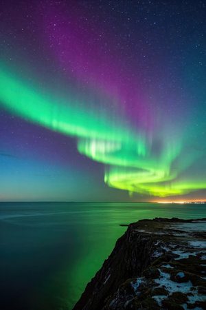 A gorgeous aurora scene under the night sky by the seaの素材