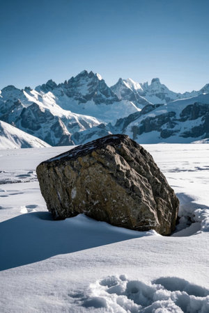 Snowy mountain scenery and foreground bouldersの素材