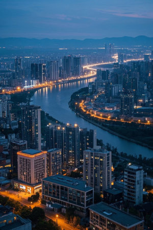 Aerial view of the city river at nightの素材
