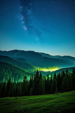 Mountain forest night sky starry landscapeの素材