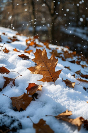 Natural scene of fallen leaves on the snowの素材