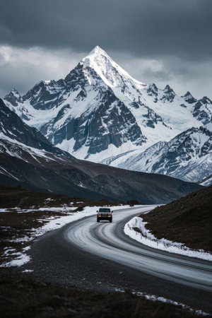 Cars driving on the Snow Mountain Highwayの素材