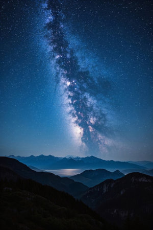 Milky Way landscape under the mountain night skyの素材