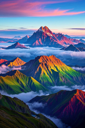 A colorful mountain landscape surrounded by a magnificent sea of cloudsの素材