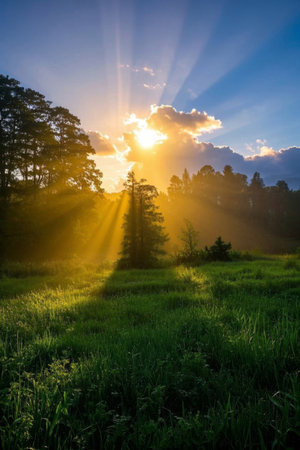 Sunrise scene outdoors among the grass and woodsの素材