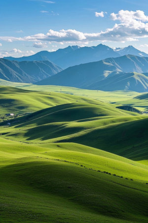 Vast green grasslands and distant mountainsの素材