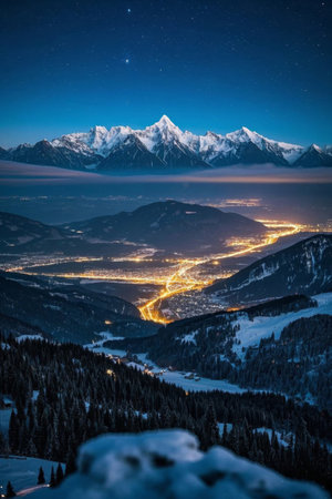 Valley town scenery with snow-capped mountains at nightの素材