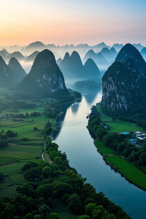 Aerial panoramic view of Guilin's mountains, rivers and riversの素材