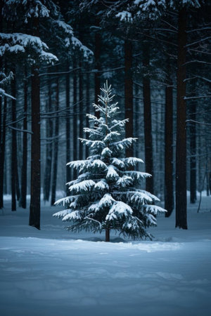 A pine tree in a snow-covered forestの素材