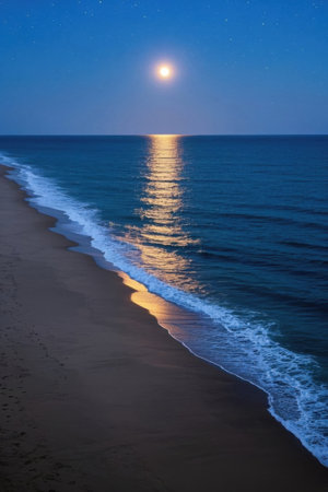 Beach and sea view on moonlit nightの素材
