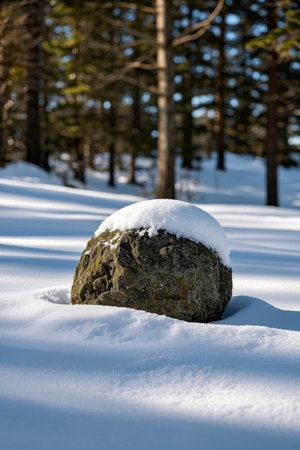 Stone landscape in snow-covered forestの素材