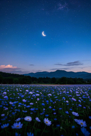 Blue sea of flowers under moonlit night and distant mountain landscapeの素材