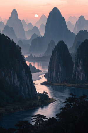 Panoramic view of Li River landscape and sunsetの素材