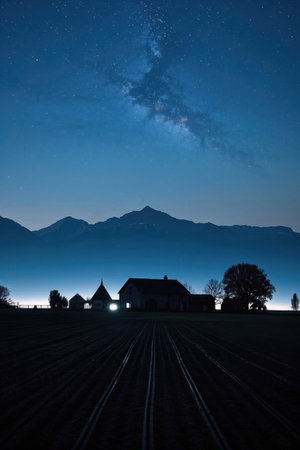 Mountains and stars under the rural night skyの素材