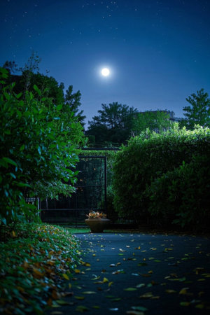 Landscape of green garden under moonlit nightの素材