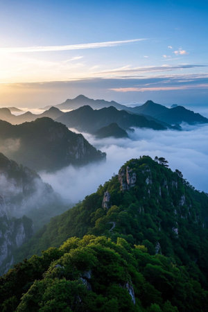 Mountains, sea of clouds, sunrise and natural sceneryの素材