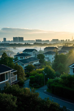 Long view of residential area in morning mistの素材