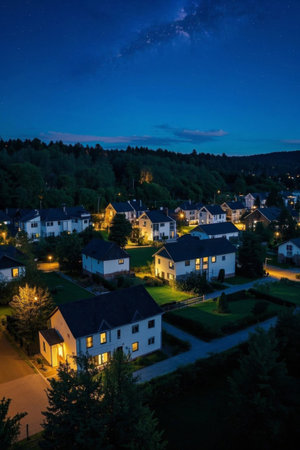 Aerial panoramic view of the residential area at nightの素材