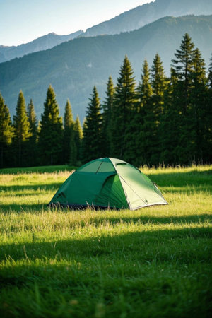 Outdoor camping tent on the grassの素材