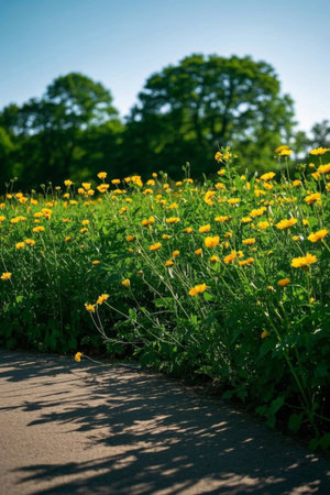 Yellow wildflowers and green plants blooming on the roadsideの素材