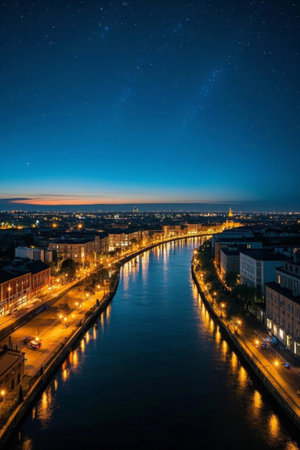 Panoramic view of the city river at nightの素材