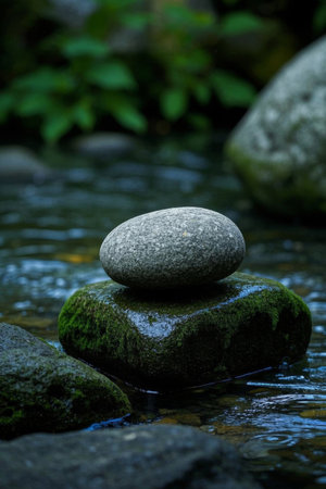 Mossy rocks and other rocks stacked by the streamの素材