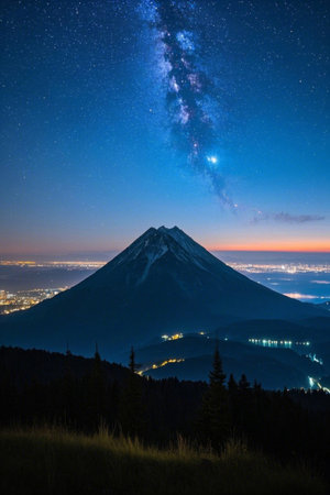 Mountain views and city lights under the night skyの素材