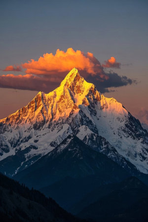 Beautiful scenery of snow-capped mountains at sunsetの素材