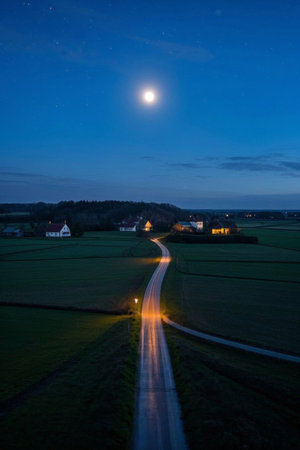 Country roads in the fields on a moonlit nightの素材