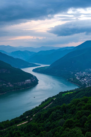 Panoramic view of natural scenery of mountains and riversの素材