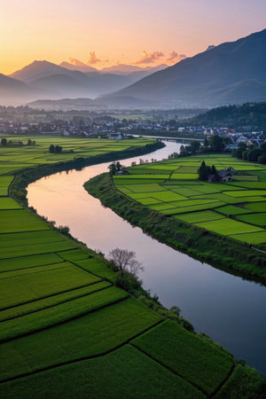 Dusk view of rural rivers and distant mountainsの素材