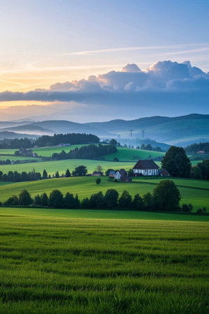 Pastoral countryside green hills natural sceneryの素材