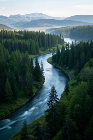 Forest River and Distant Mountain Natural Landscapeの素材