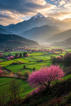 Pastoral valley, snow-capped mountains and cherry blossoms in full bloomの素材