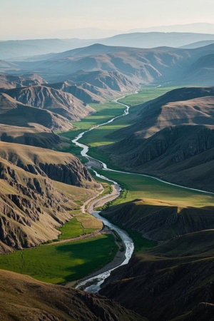 Natural scenery of winding rivers between valleysの素材